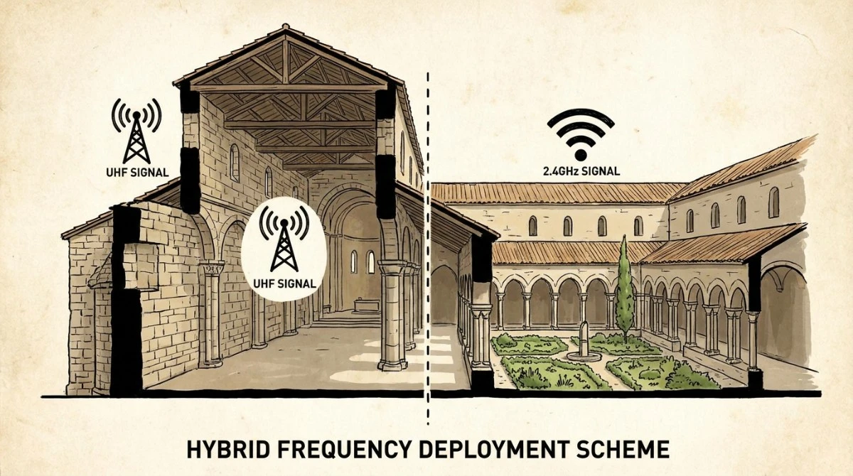 Cross-section illustration of a cathedral showing different frequency coverage Cross-section illustration of a cathedral showing different frequency coverage