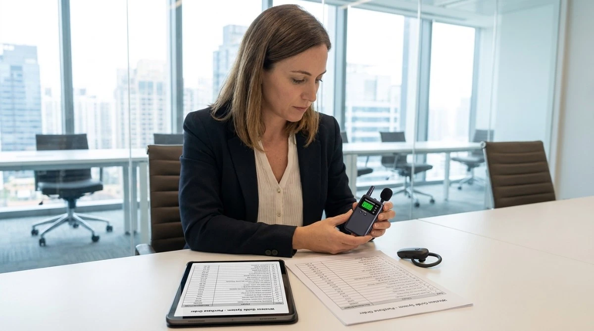 Procurement manager reviewing wireless tour guide equipment and a sourcing checklist Procurement manager reviewing wireless tour guide equipment and a sourcing checklist