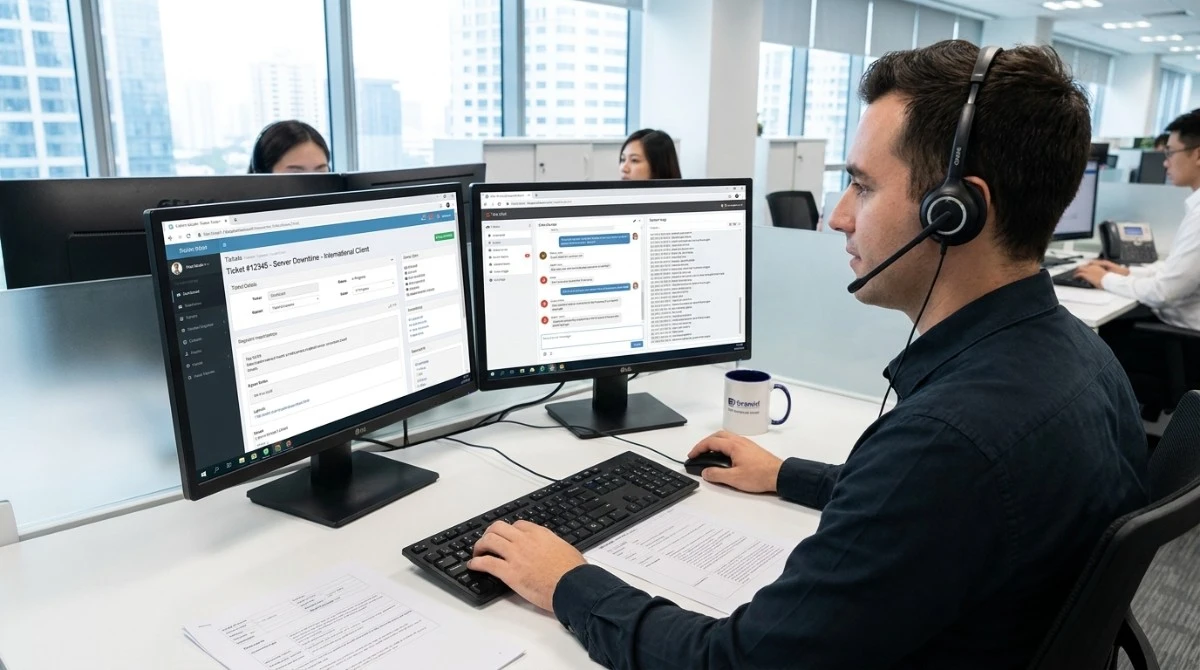 Customer support representative handling a warranty claim for bulk equipment Customer support representative handling a warranty claim for bulk equipment