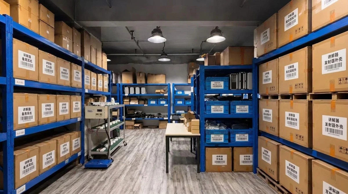 Warehouse shelving stocked with spare parts for long-term equipment maintenance Warehouse shelving stocked with spare parts for long-term equipment maintenance