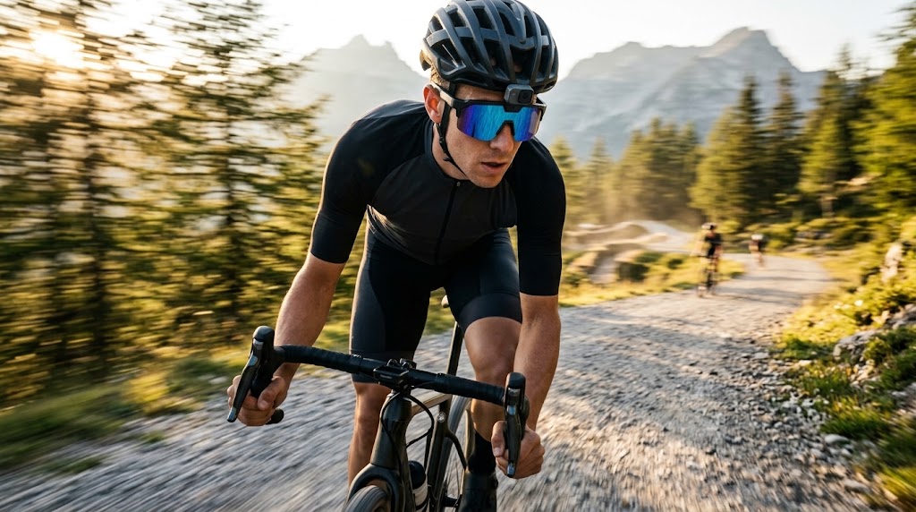 Cyclist wearing AI sports camera glasses recording a gravel trail ride hands-free Cyclist wearing AI sports camera glasses recording a gravel trail ride hands-free