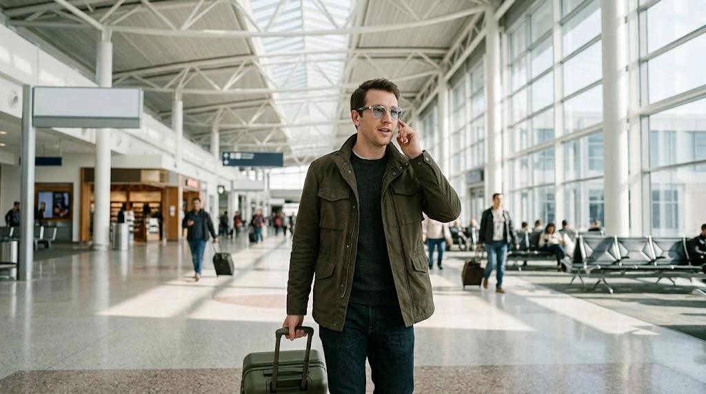 Traveler wearing lightweight AI translation smart glasses for hands-free calls and real-time translation Traveler wearing lightweight AI translation smart glasses for hands-free calls and real-time translation